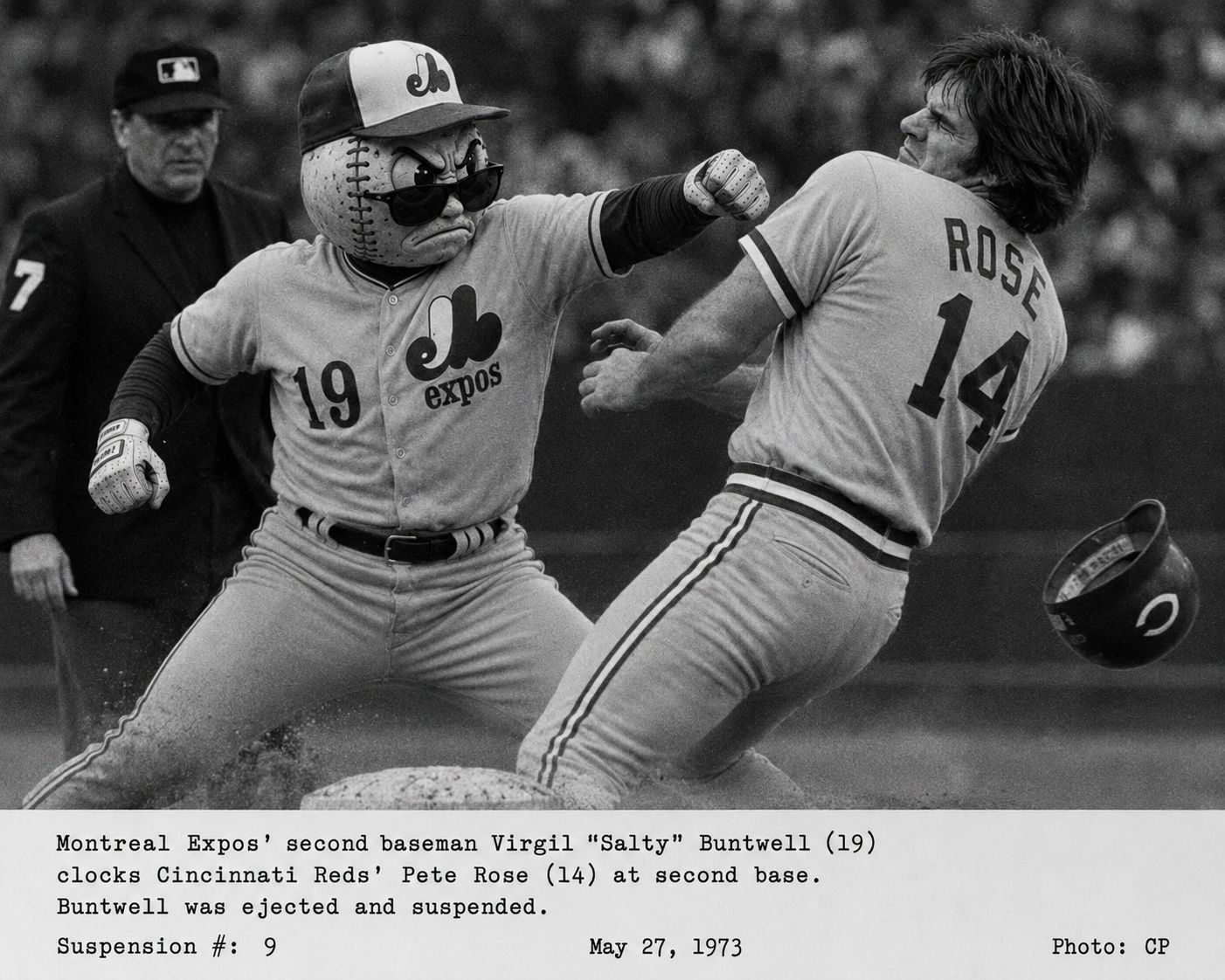 Montreal Expos mascot punches Pete Rose at second base in 1973.