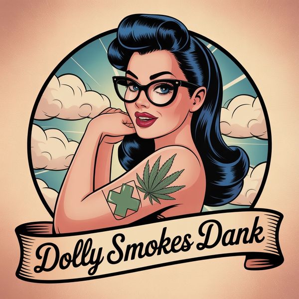 Retro-style woman with glasses and tattoos, captioned 'Dolly Smokes Dank'.