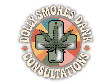 Logo with a cannabis leaf and medical cross, reading "Dolly Smokes Dank Consultations."