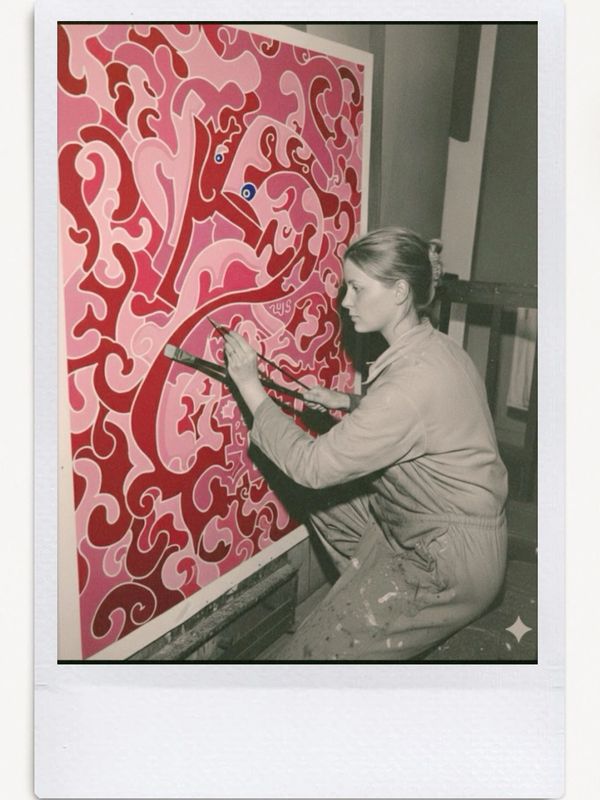 A woman artist painting a vibrant, abstract red and pink artwork. abstract painting, large oil painting, Leslie Brennan, art transformations, oil painter, abstract oil painter, abstract painting, large painting. 