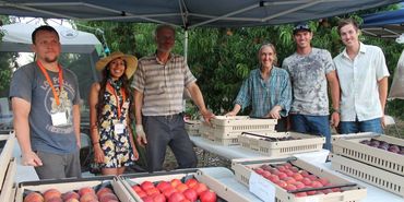 Smiling group with crates of stone fruit.