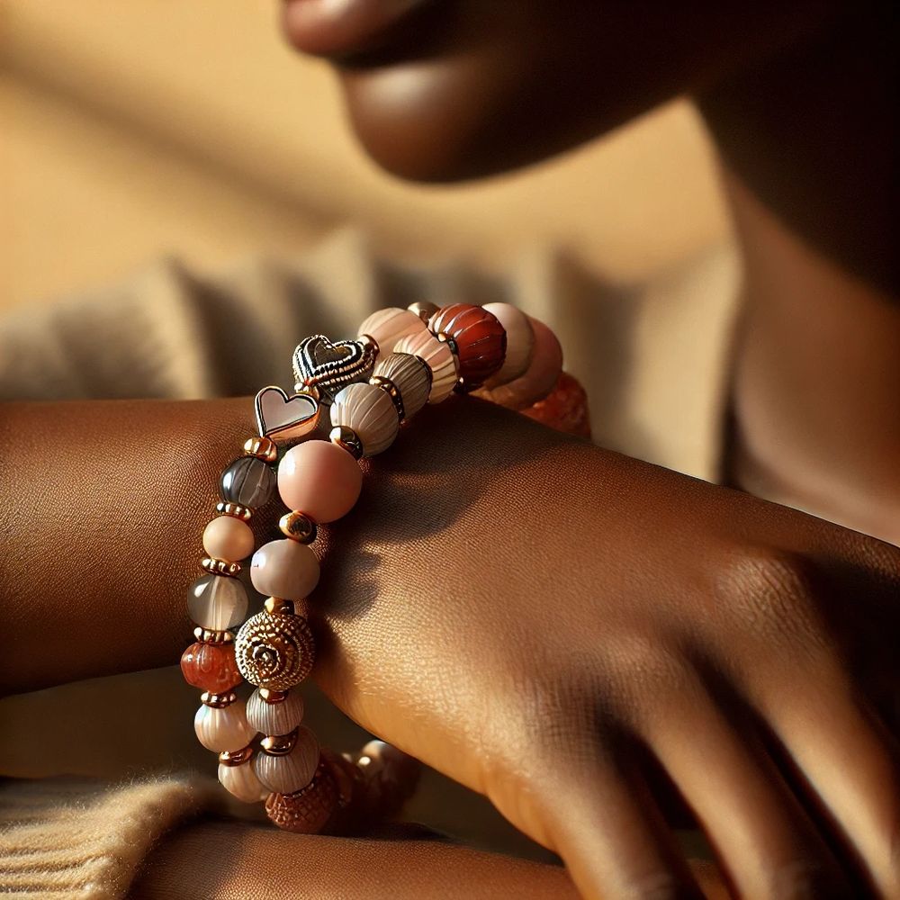 Elegant beaded bracelets with heart charms on a person's wrist in warm lighting.