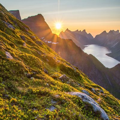 Sunset over a green mountain slope with a river winding through jagged peaks.