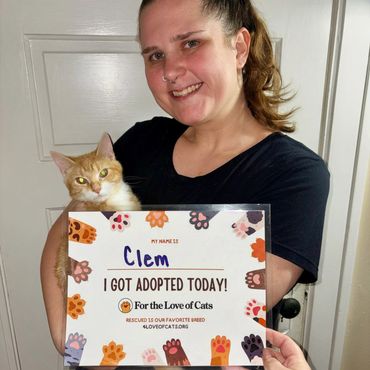 Woman holding a cat and an adoption sign.