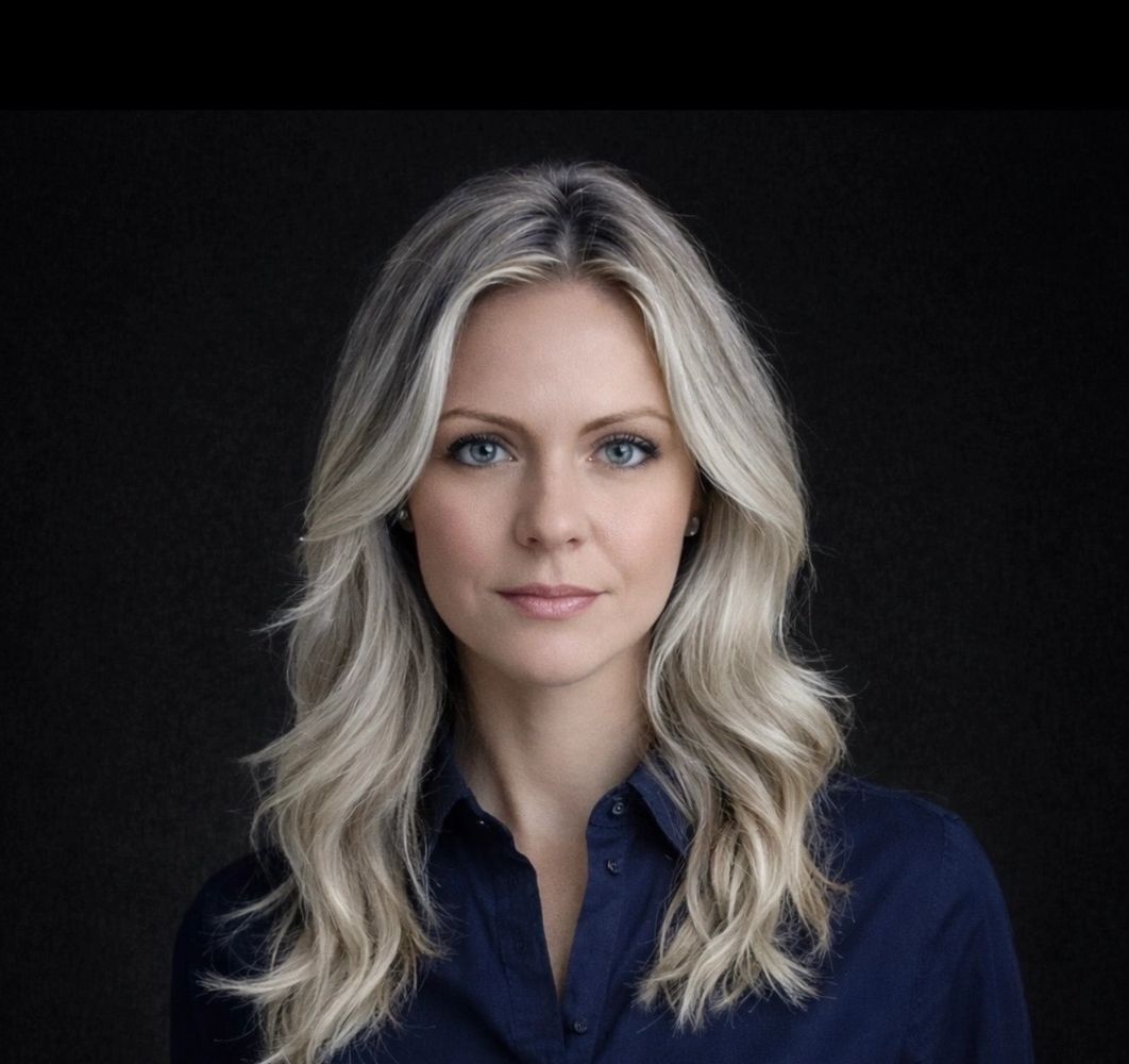 Confident woman with blonde wavy hair and blue eyes against a dark background.