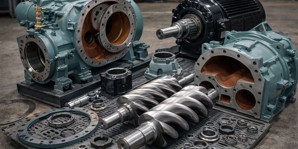 Disassembled industrial rotary lobe blower with components laid out.