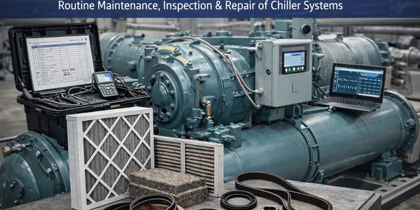 Chiller system maintenance setup with tools and filters.