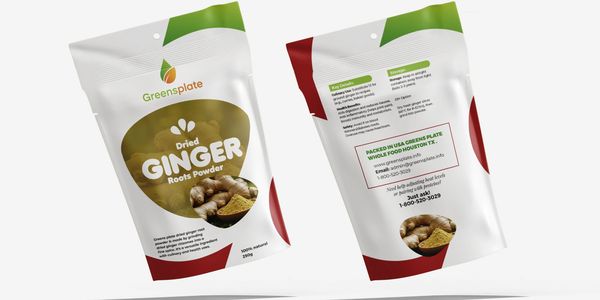 Greens plate dried ginger root powder is made by grinding dried ginger rhizomes into a fine spice. 