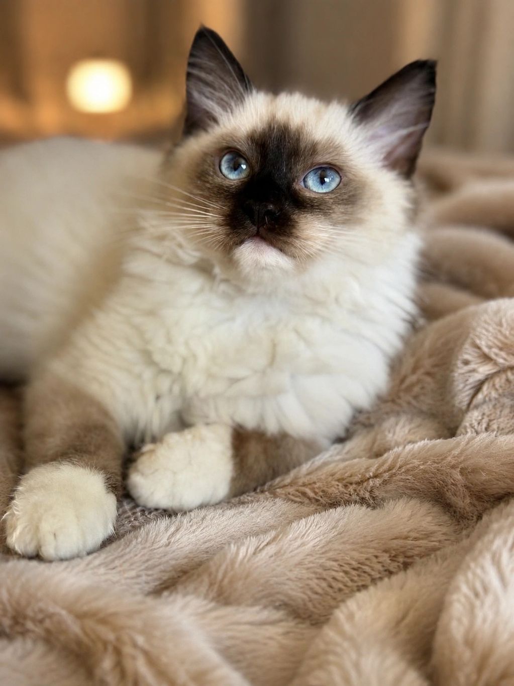 Fluffy Siamese cat with blue eyes resting on a soft blanket