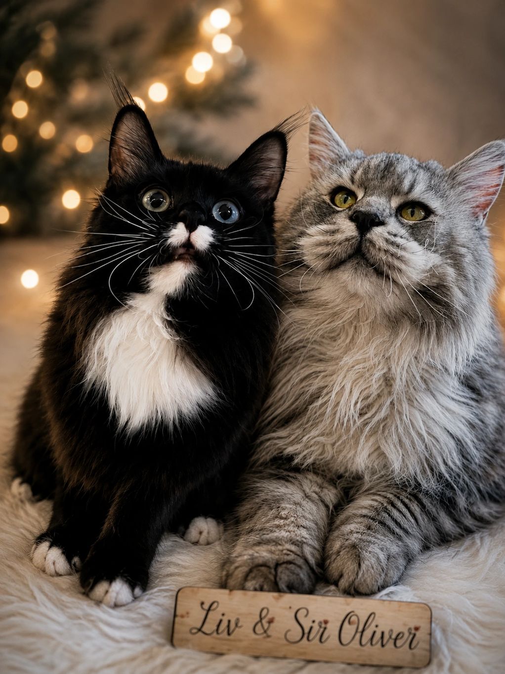 Two cats sitting together beside a festive Christmas tree