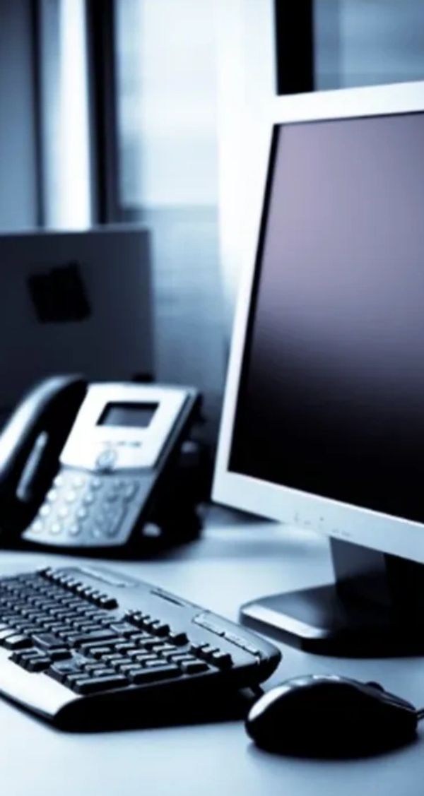Office desk with computer monitor, keyboard, mouse, and telephone.