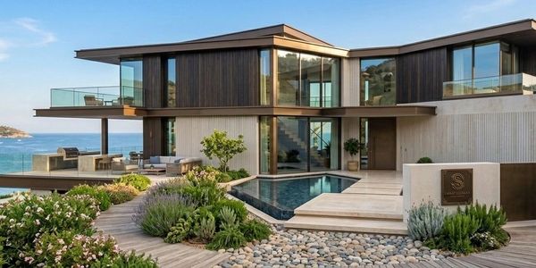 Modern house with pool and ocean view, surrounded by greenery.