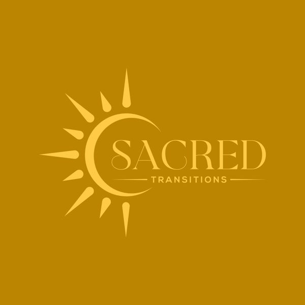 Elegant golden logo with sun and crescent design reading 'Sacred Transitions'.