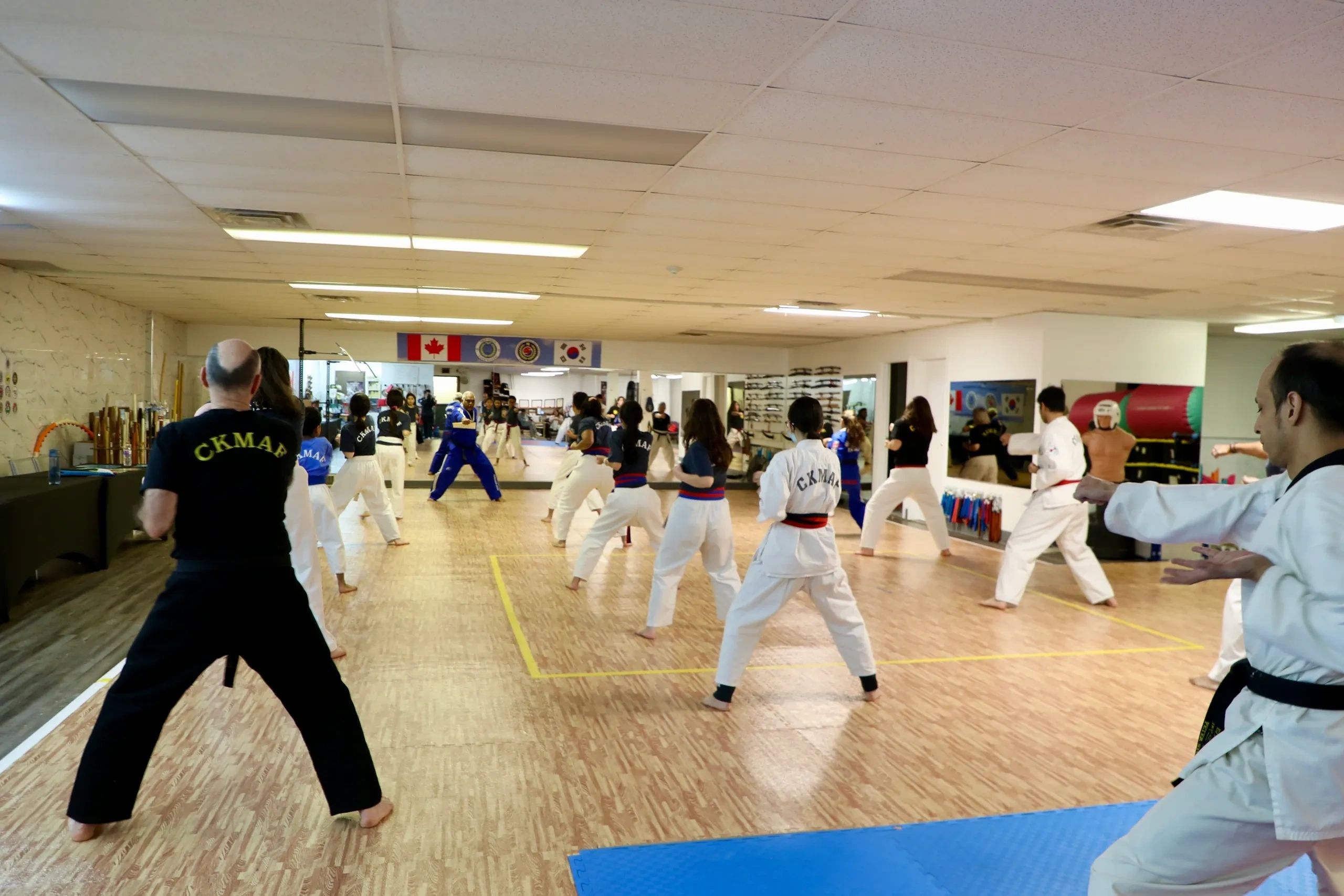 Group of taekwondo students facing front of school punching.