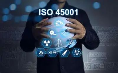 Person holding a glowing globe with ISO 45001 safety icons.