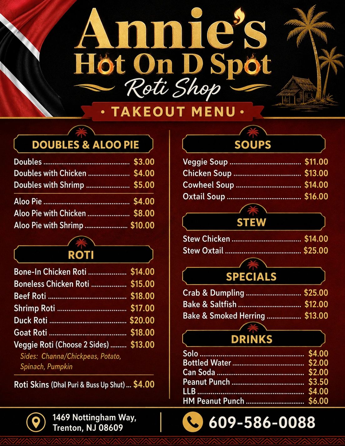 Annie's Hot On D Spot Roti Shop takeout menu with prices and contact info.