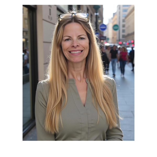 Smiling woman with long blonde hair and glasses on her head in a city street.