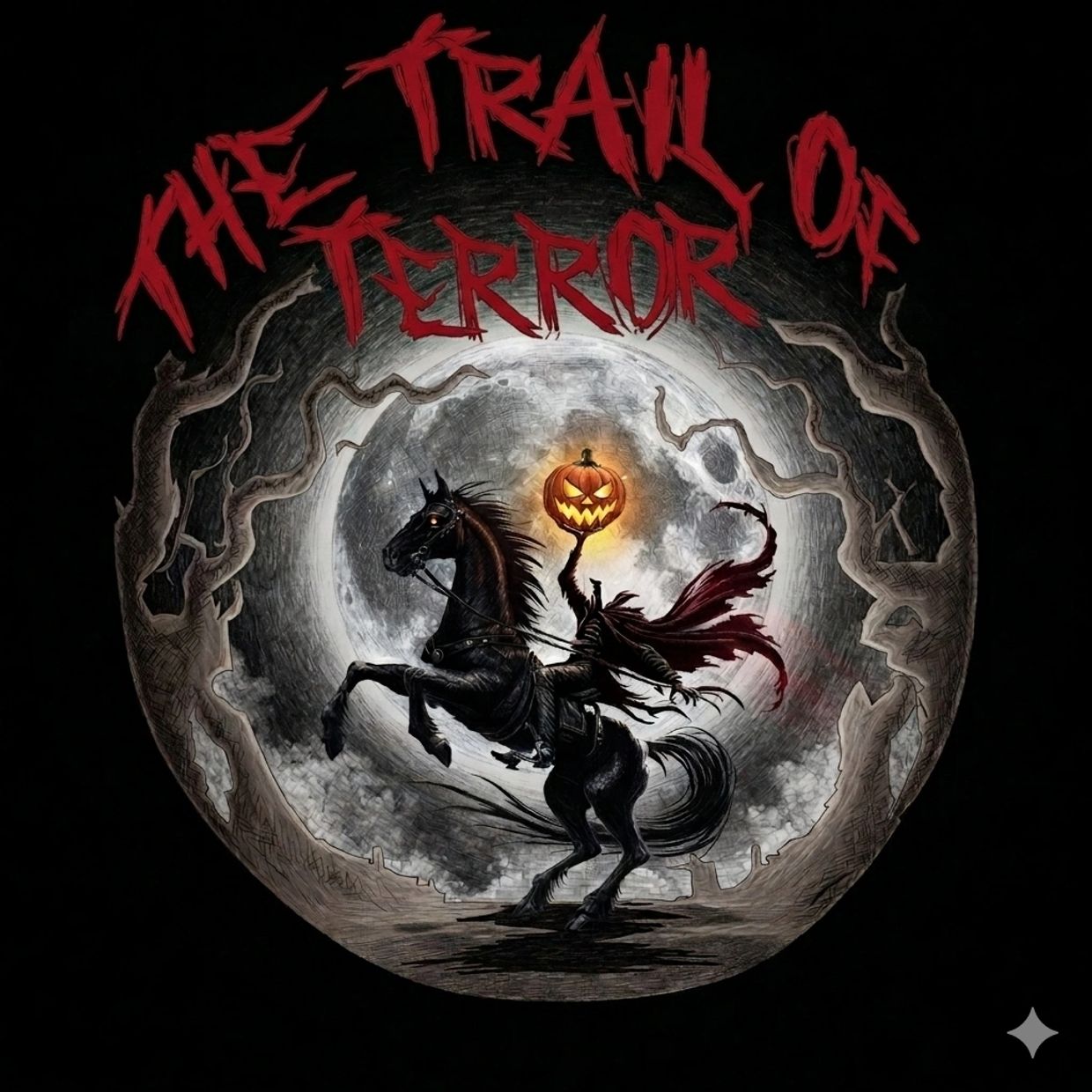Headless horseman with a glowing pumpkin against a full moon and twisted trees.