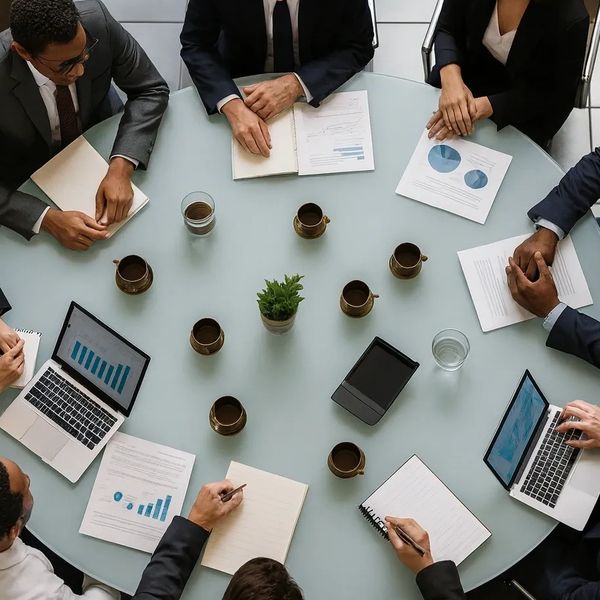 Business professionals having a meeting around a round table with laptops and documents.