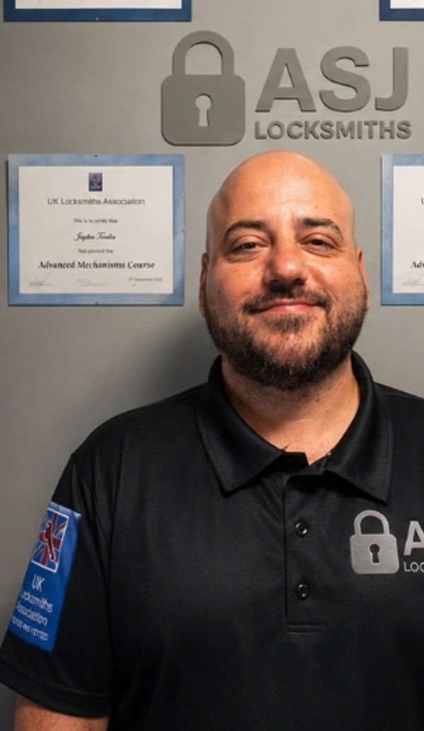 Alex from ASJ Locksmiths standing in front of UK Locksmith Association training certificates and loc