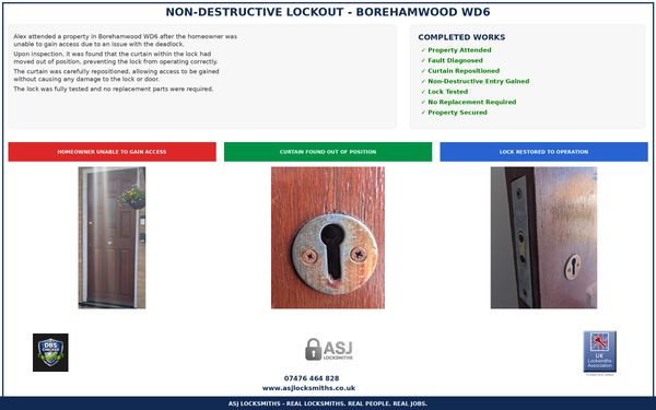Step-by-step photos of a non-destructive lock repair process in Borehamwood WD6.