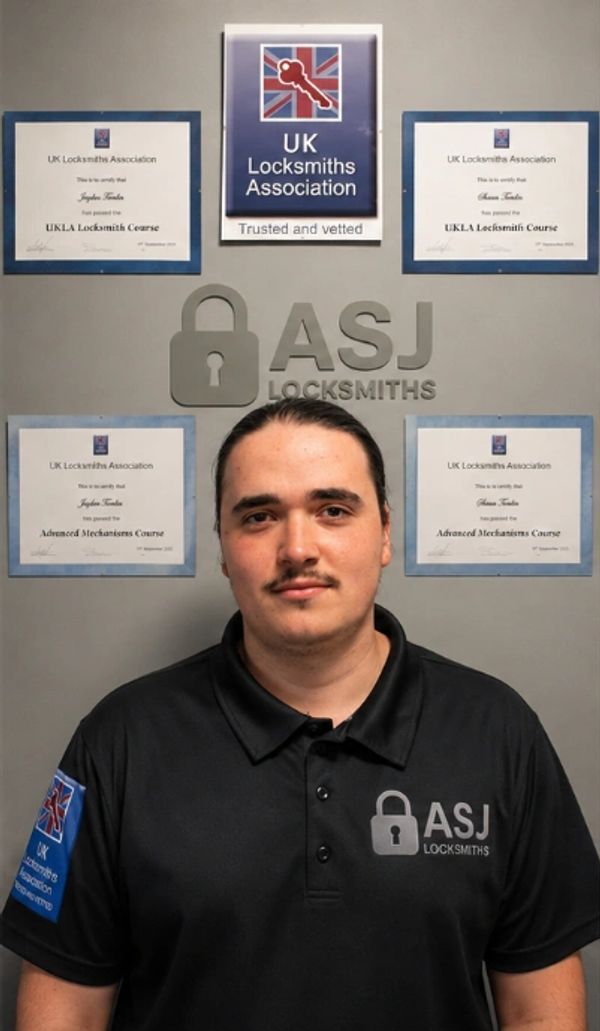 A locksmith poses in front of UK Locksmiths Association certificates and ASJ Locksmiths logo.