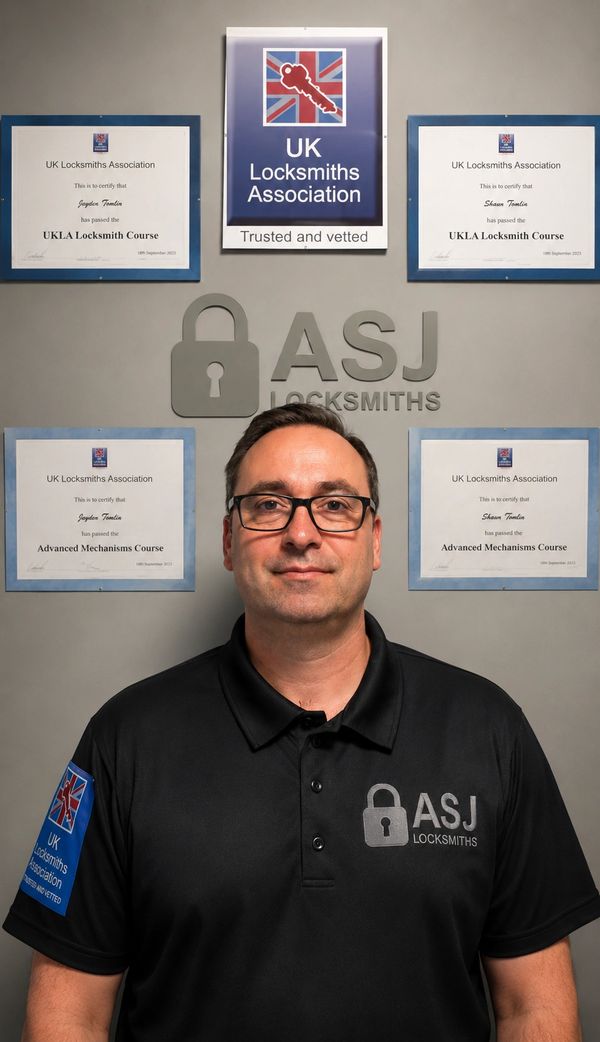 Shaun from ASJ Locksmiths standing in front of UK Locksmith Association training certificates and lo