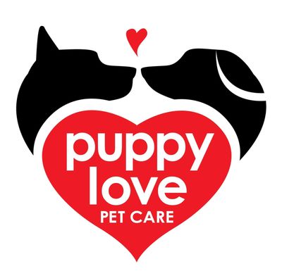Logo with two dog silhouettes and a heart for Puppy Love Pet Care.