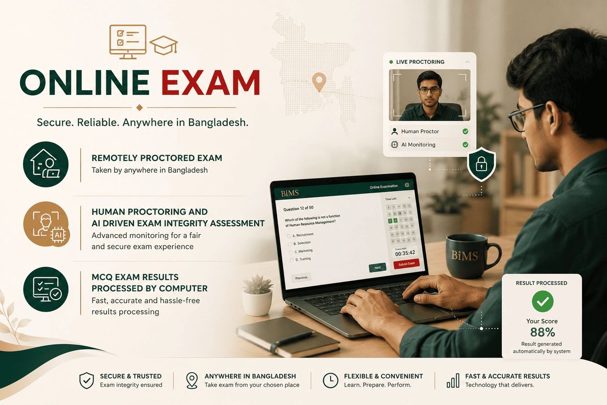 Online exam with AI and human proctoring for secure, reliable testing anywhere in Bangladesh.
