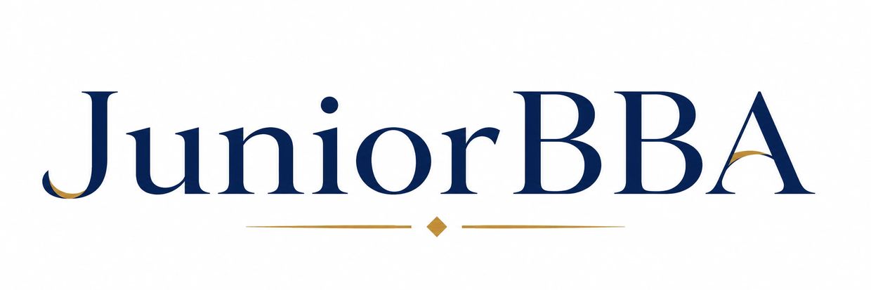 Logo reading 'JuniorBBA' with elegant navy and gold accents.