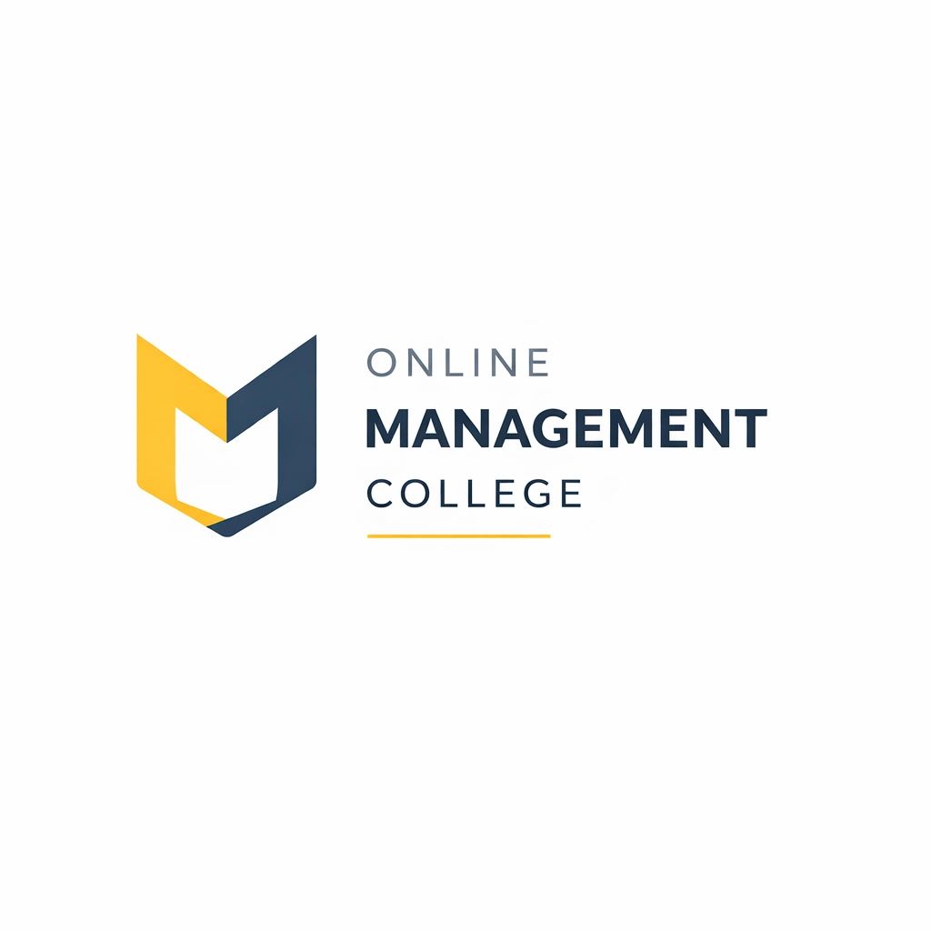 Logo of Online Management College with a modern M design in yellow and dark blue.