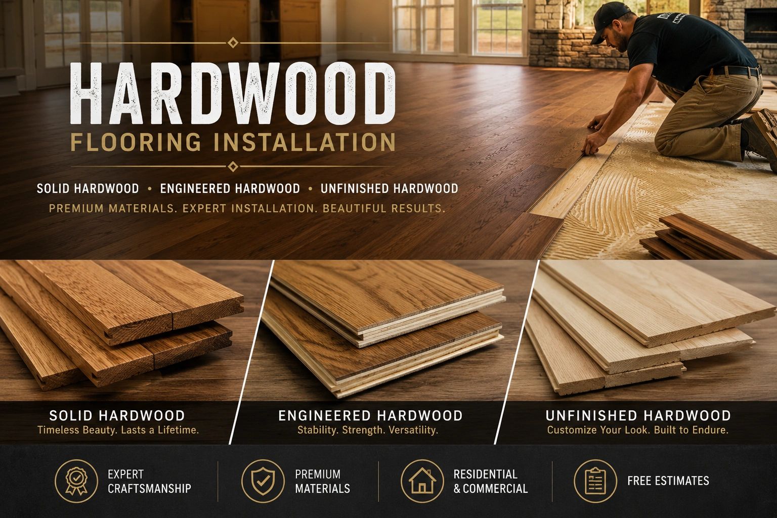 Hardwood flooring installation with three types of wood.