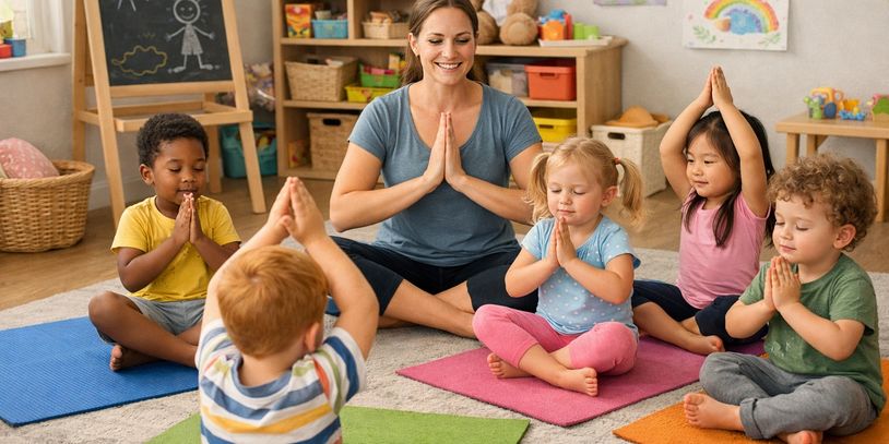 Teacher and children practicing yoga and meditation in a classroom.