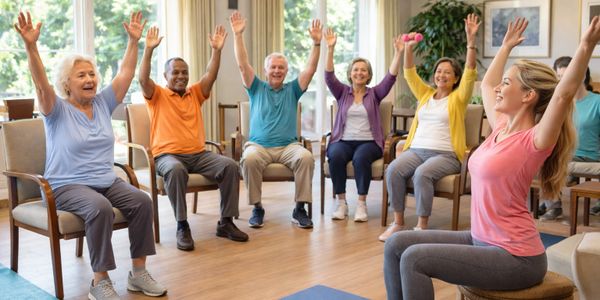 Seniors participating in a seated group exercise session led by an instructor.