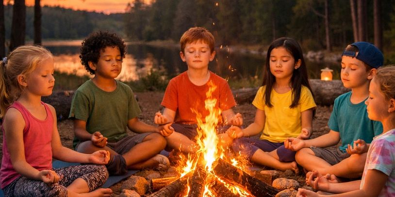 Children sitting around a campfire meditating at sunset.