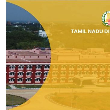 A Tamil Nadu government building with the state emblem on a yellow overlay.