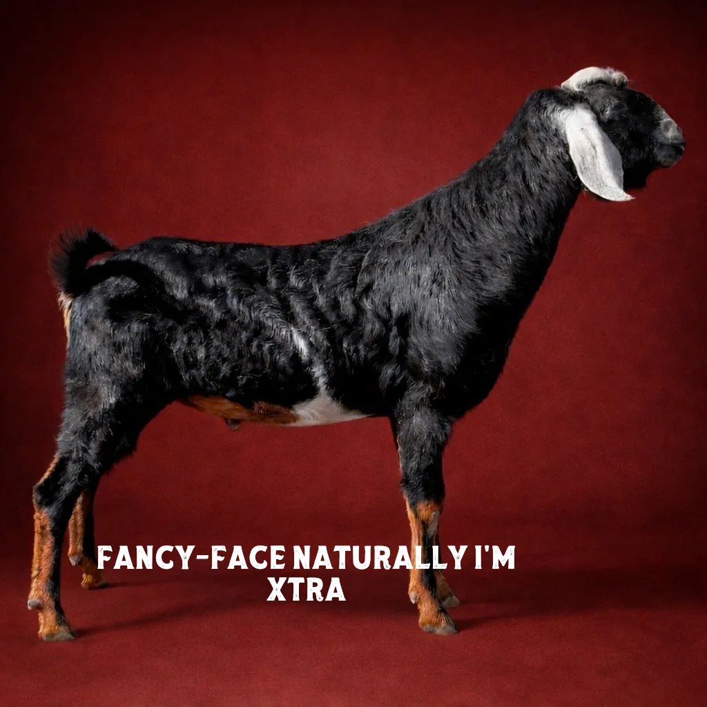 Black goat with white ears on red background with text.