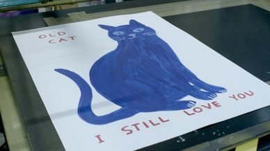 screen printed poster of a blue cat sitting down with the words; Old cat I still love you.