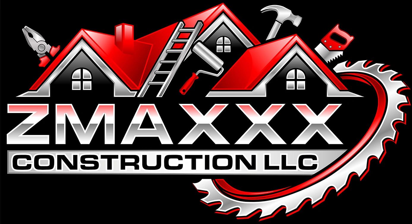 Logo of ZMAXXX Construction LLC with houses, tools, and a saw blade.