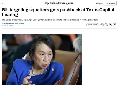 Rep. Angie Chen Button discusses bill on squatter evictions at Texas Capitol.