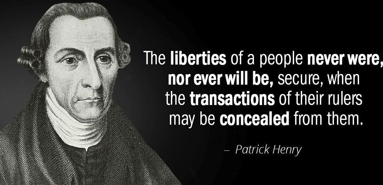 Portrait of Patrick Henry with a quote about liberty.