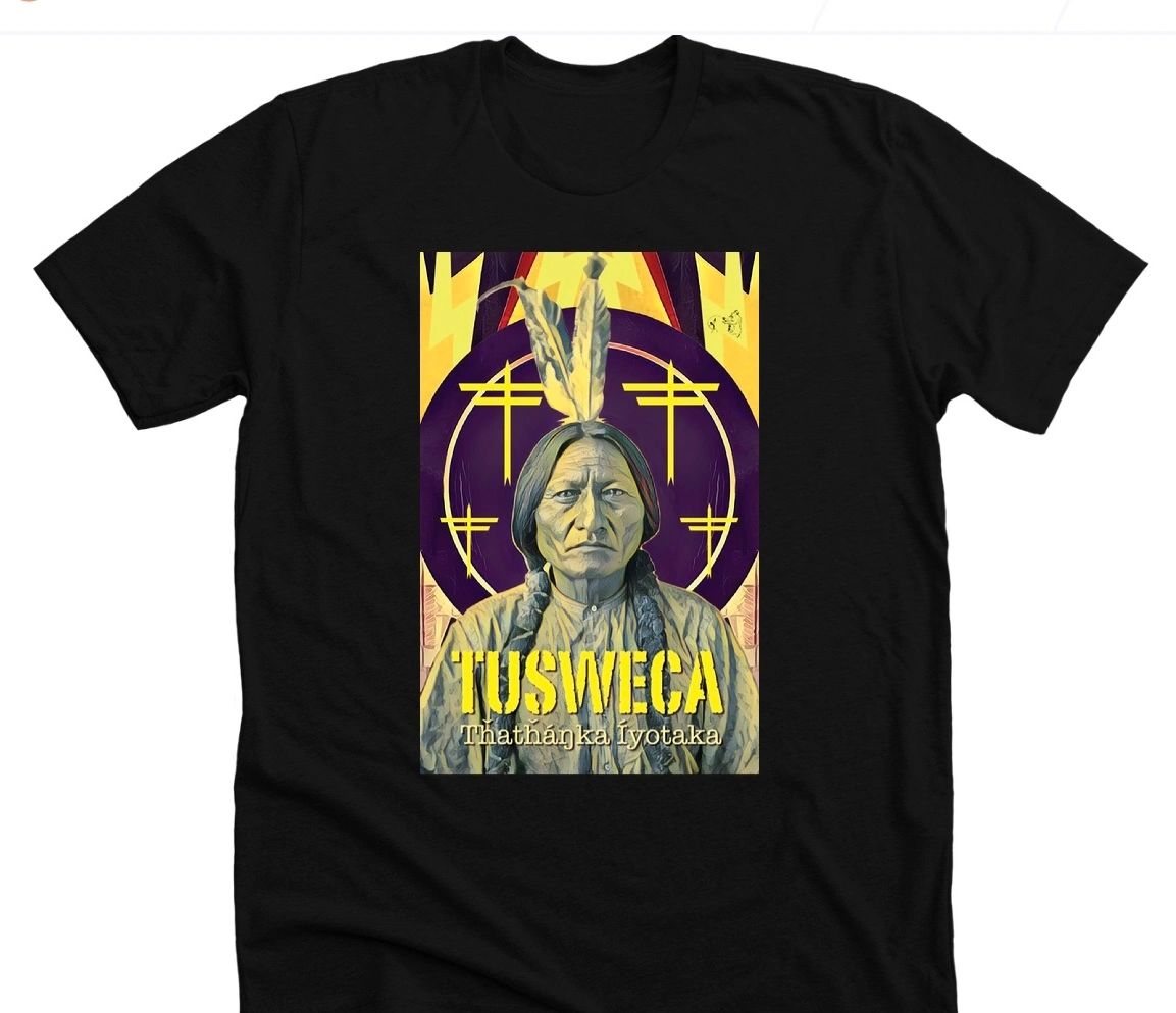 Black t-shirt featuring a Native American portrait with feathers and Tusweca text.
