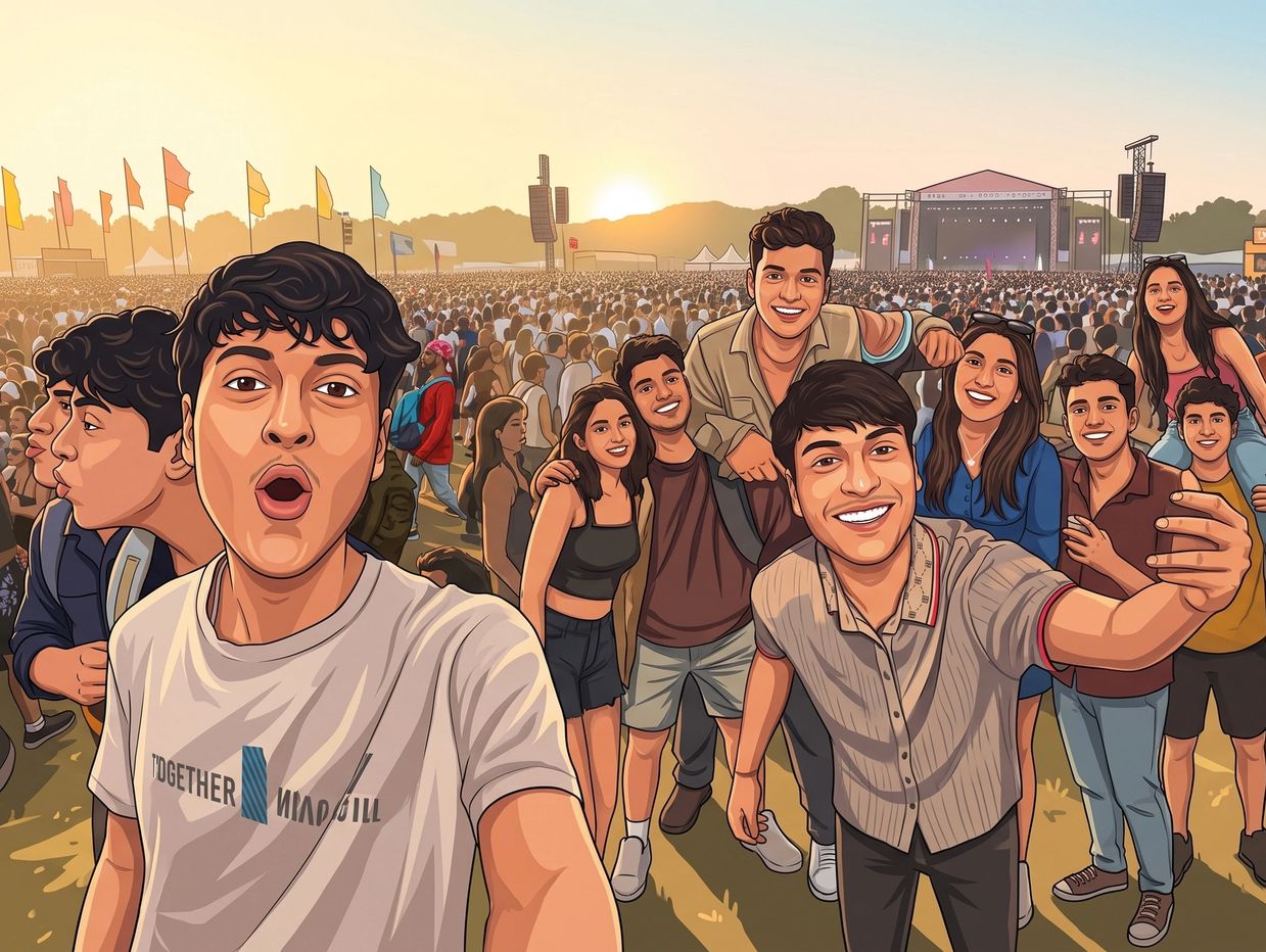 Group selfie at an outdoor concert during sunset.