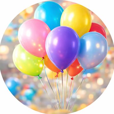 Colorful balloons clustered together with a festive background.
