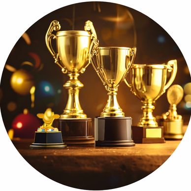 Golden trophies displayed on a table with a warm background.