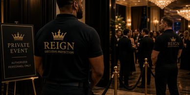 Security guards from Reign Executive Protection at a private event entrance.