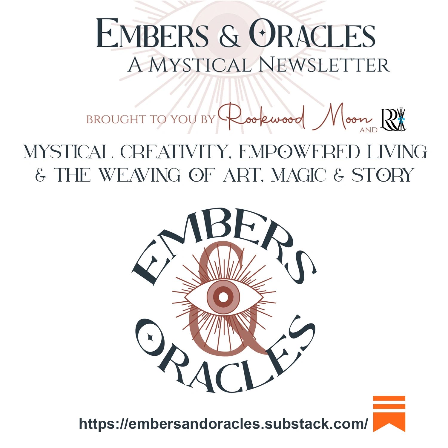 Logo and info for Embers &amp; Oracles mystical newsletter by Rookwood Moon.