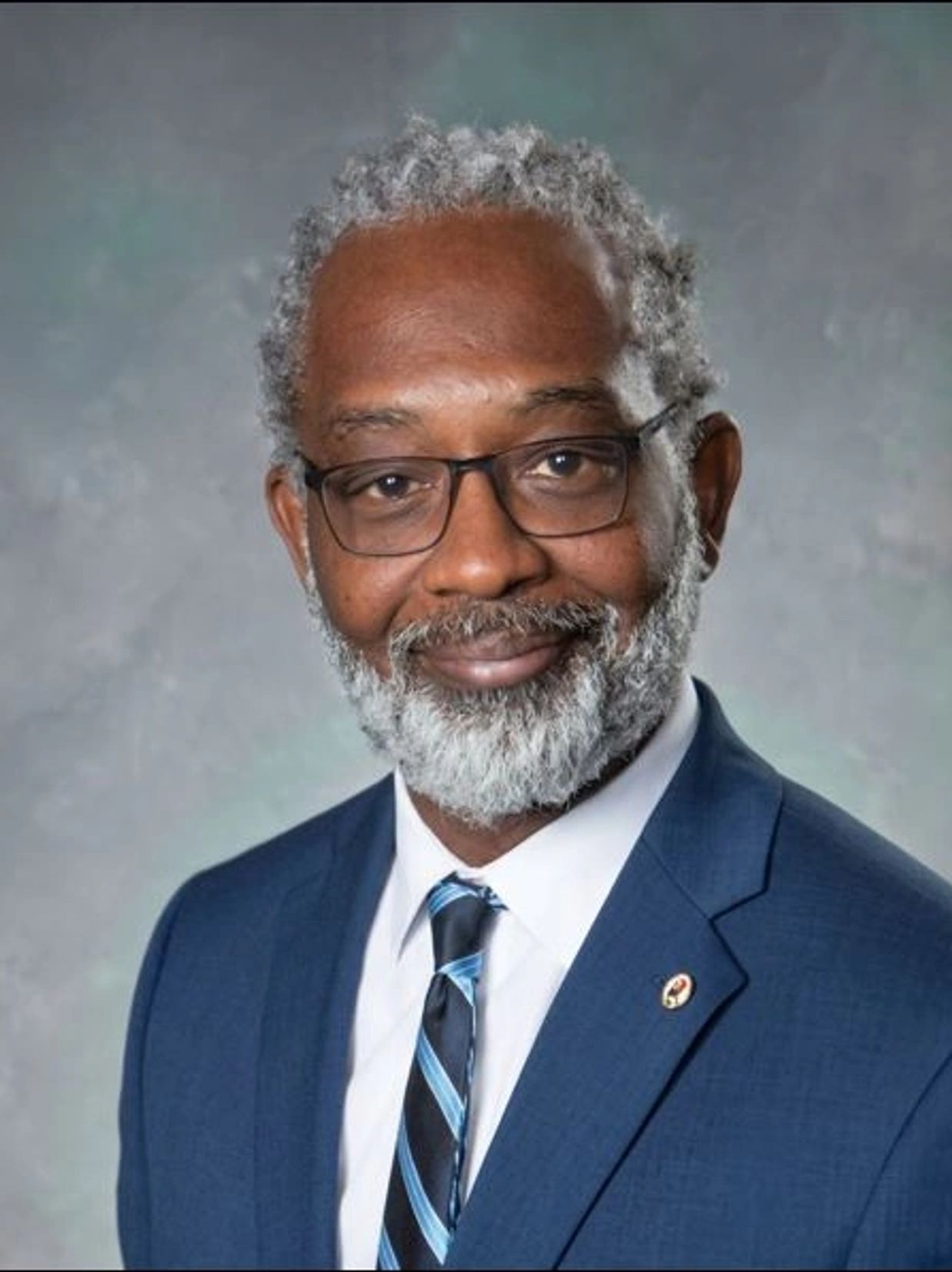 Smiling man with gray hair and beard in blue suit and glasses.