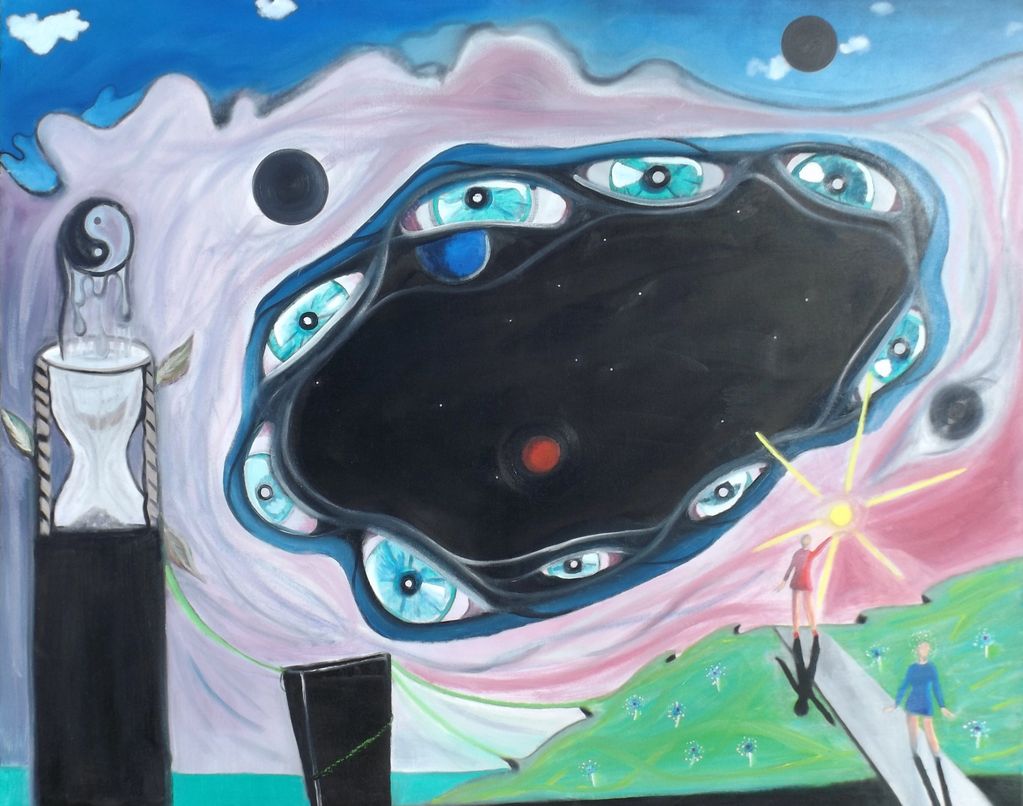 Surreal painting featuring floating eyes, a yin-yang hourglass, and two figures on a path with glowing light.
