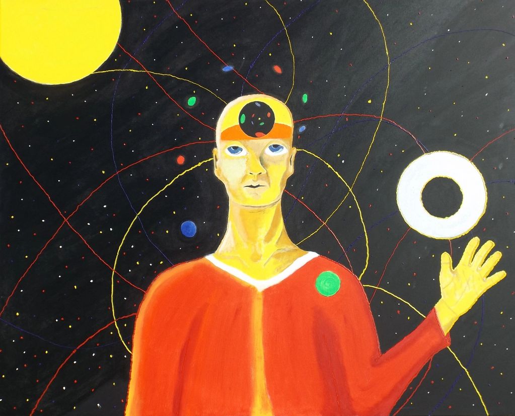 A cosmic figure with a glowing third eye and celestial orbits in the background.